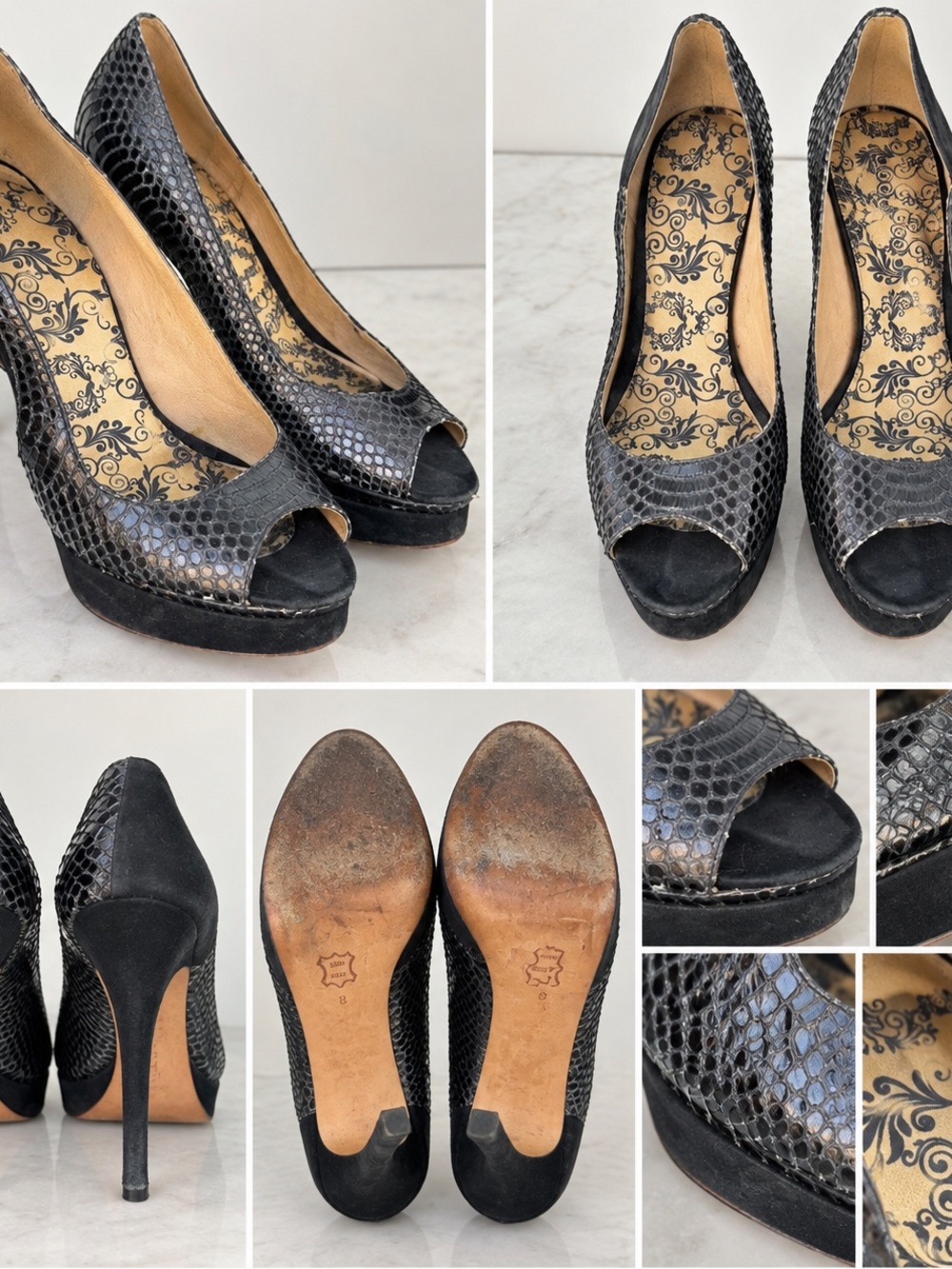 Black snakeskin peep toe size 8
